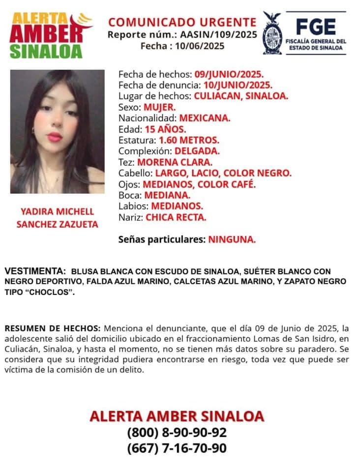 Activan #AlertaAmber por desaparición de Yadira Michell en #Culiacán