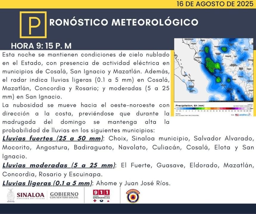 Pronóstico meteorológico: Durante esta noche y madrugada del domingo se mantendrá alta la probabilidad de lluvias en el Estado, ...