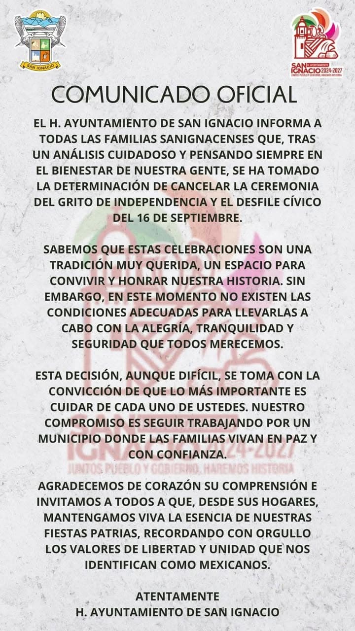 SUSPENDE EL MUNICIPIO DE SAN IGNACIO LAS FIESTAS PATRIAS