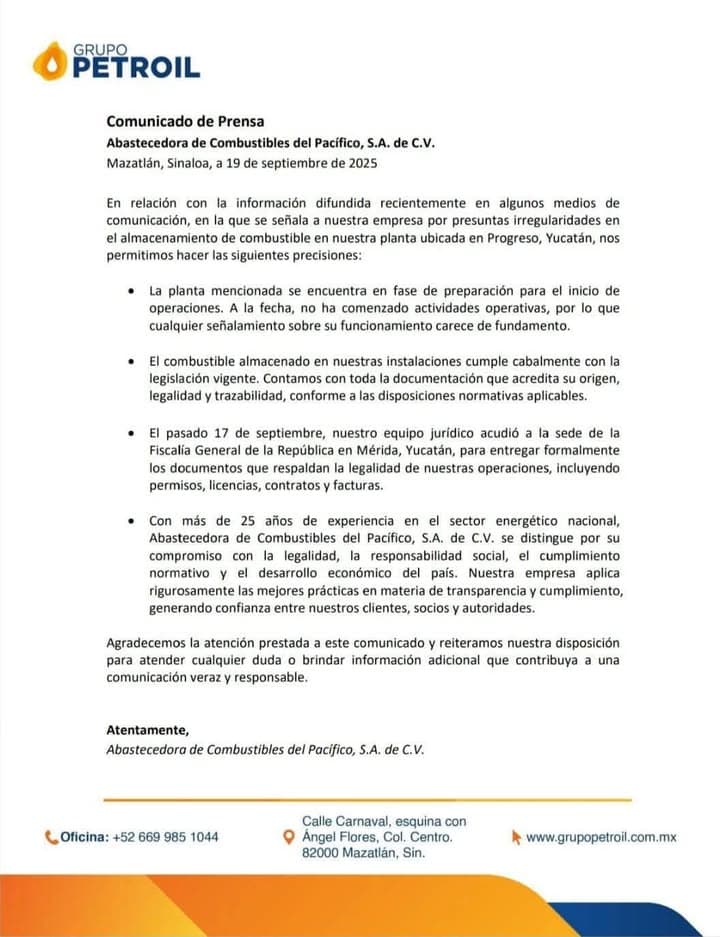 SE DESLINDA GRUPO PETROIL DE SEÑALAMIENTOS SOBRE PRESUNTA ILEGALIDAD DE COMBUSTIBLE ASEGURADO EN PROGRESO, YUCATÁN
