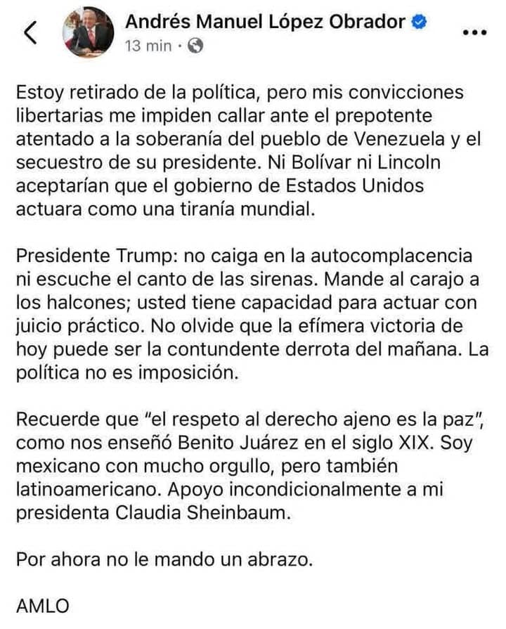 🚨AMLO se pronuncia ante la detención de Nicolás Maduro 🚨